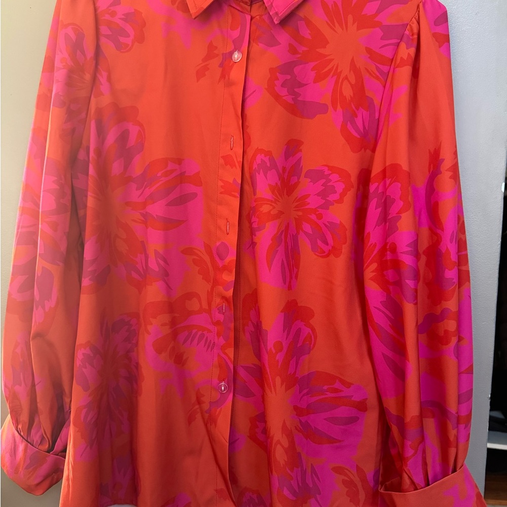 Orange and Pink Boxy Blouse with Notched Collar